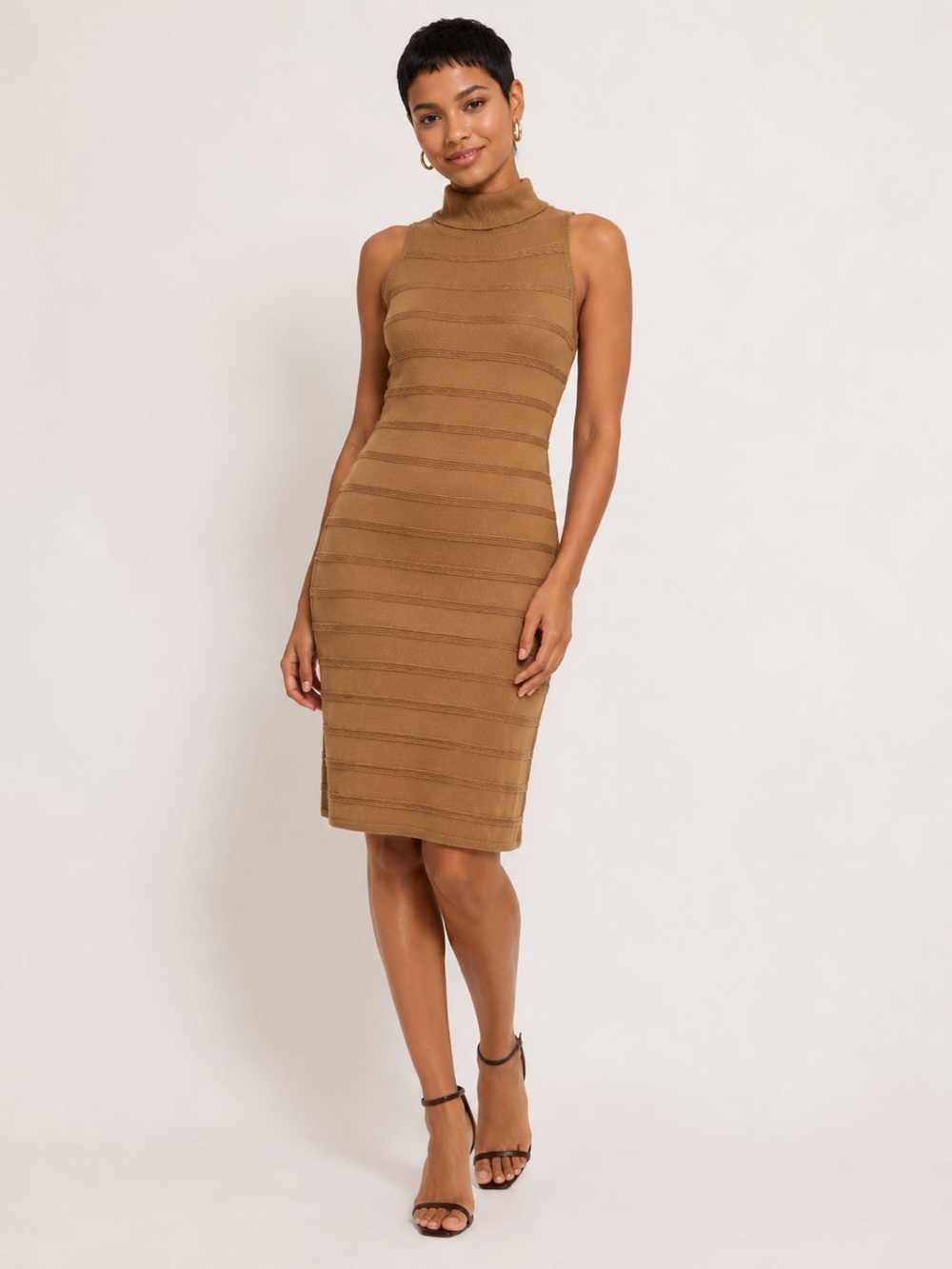 Calvin Klein Camel Ribbed Sleeveless Turtleneck Midi Dress